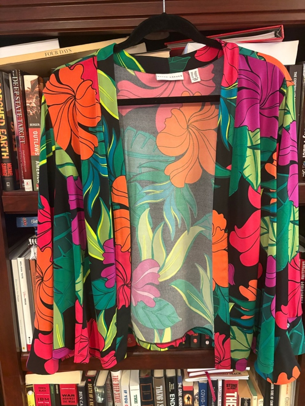 Susan Graver Liquid Knit Floral Shrug in Black, Pink, Orange, Green